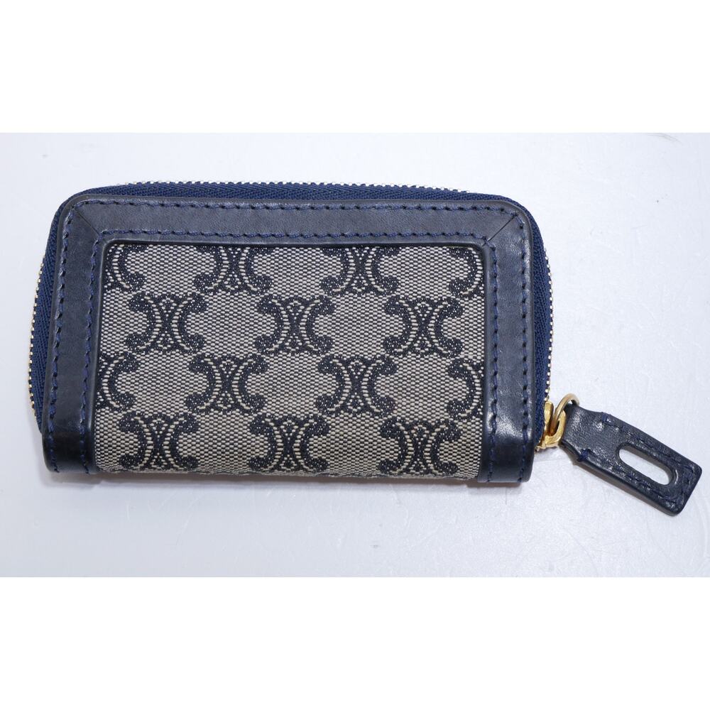 AUTHENTIC CELINE MONOGRAM VINTAGE CANVAS LEATHER ZIP COIN POUCH WALLET NAVY